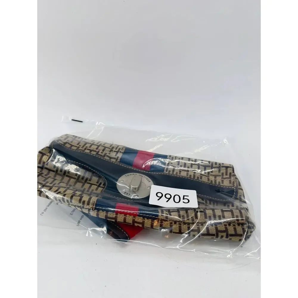Tommy Hilfiger Monogram Wristlet Clutch Wallet Brown Canvas Red Blue Stripe